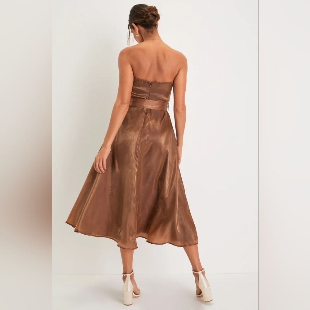 Lulus Chicly Stunning Shiny Brown Strapless Belted Midi Dress XL Wedding Party - Picture 5 of 9